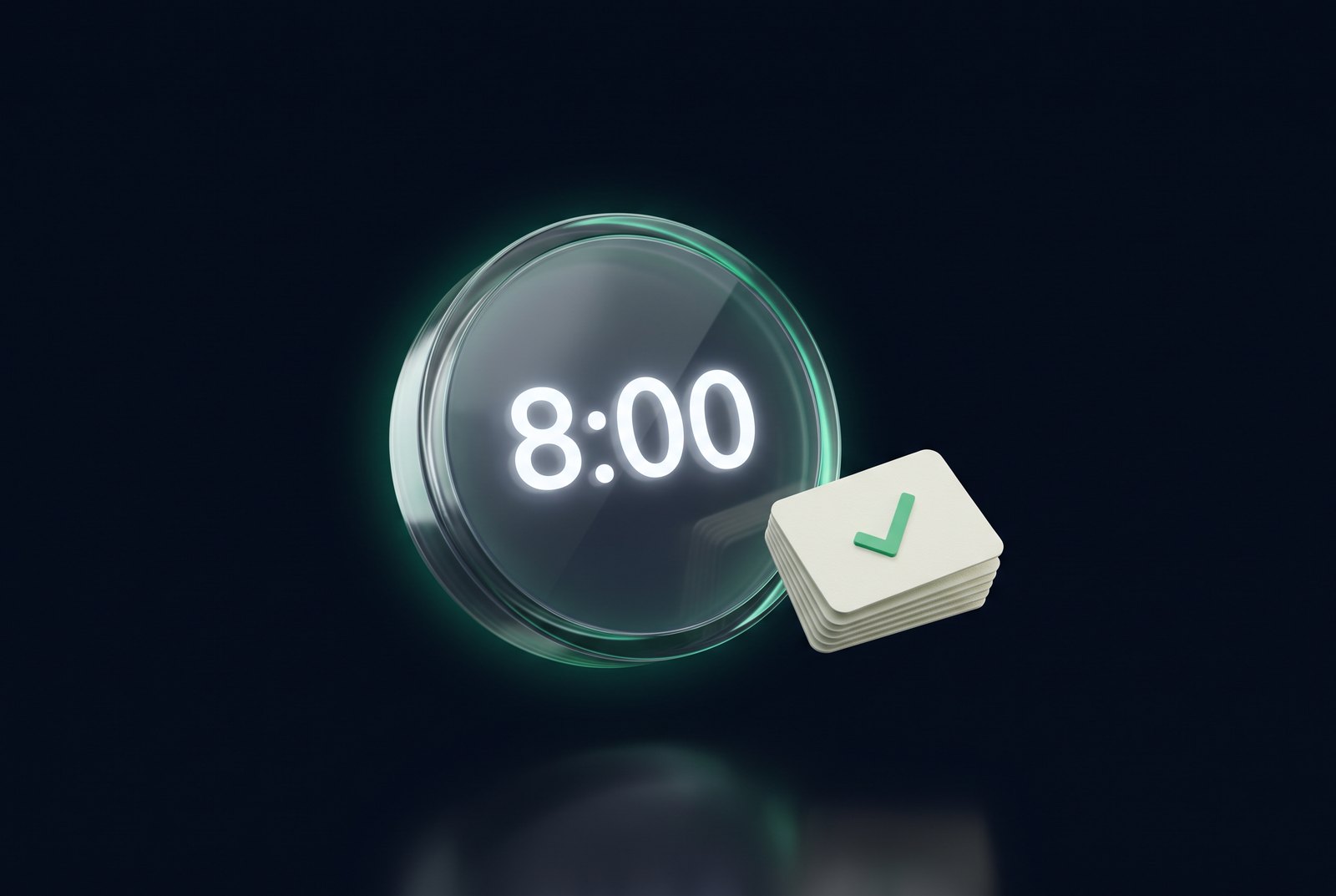 A glass desk clock reading 8:00 beside a stack of calendar cards, each with a green check mark.